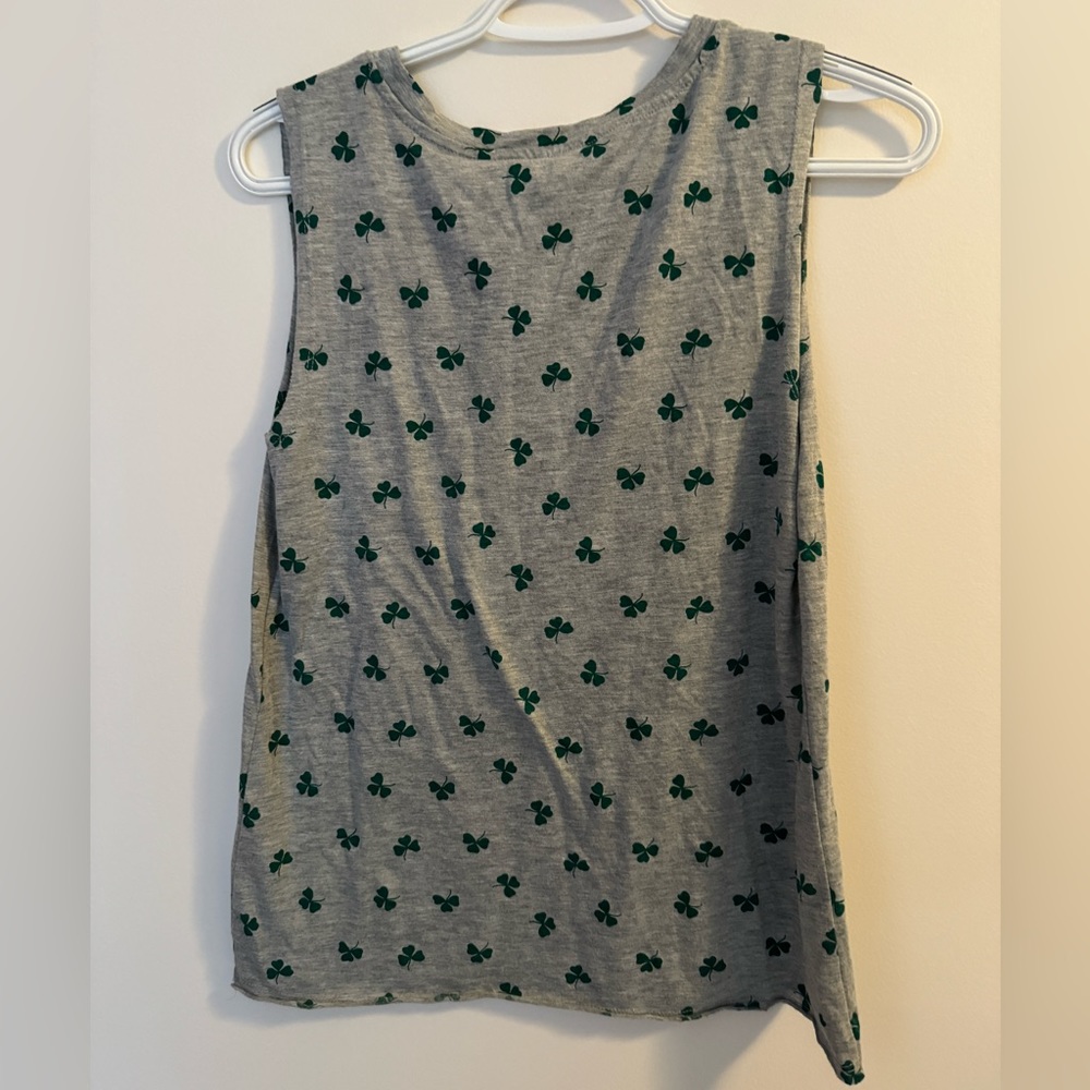 St Patrick’s Day Gray Tanktop with Green Clovers Lightweight Thick Straps Size S